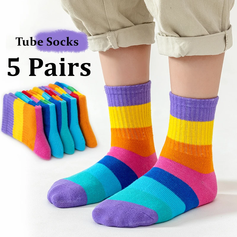 5 Pairs/Lot Children\'s Rainbow Socks Spring Autumn Coft Cotton Cute 7 Color Rainbow Stripes Boys Girls Sports Tube Socks to 1-12