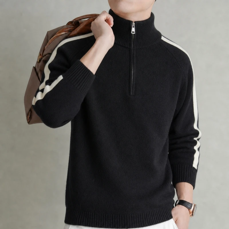 High End Autumn Winter Sweater Designer's New Zipper Mock Neck Fashion Casual Luxury Brand Striped Simple Men's Knitted Pullover