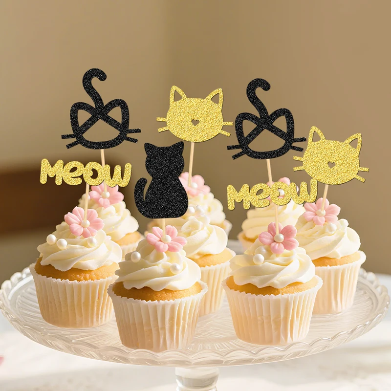 YOMDID 24 Stück Cupcake-Topper für Katzen, glitzernde Cupcake-Picks mit Katzenmotiv, für Kätzchen, Katzen-Kuchenaufsätze, Kätzchen, Haustier, Katzen, Geburtstagskuchen-Dekoration