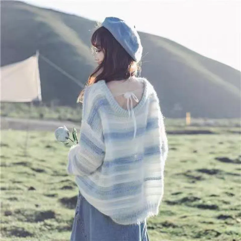 

Spring Autumn Lazy Lace-up Stripes Pullover Knit Sweater Women's Outer Wear Sweet Design New Loose Thin Jumper Chic Y2k Clothes