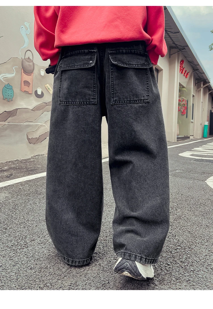 Frühlings- und Herbst-Kinderjeans in Schwarz, lockere gerade Hosen für Jungen, weite Denim-Hosen für Teenager. – Detail 9