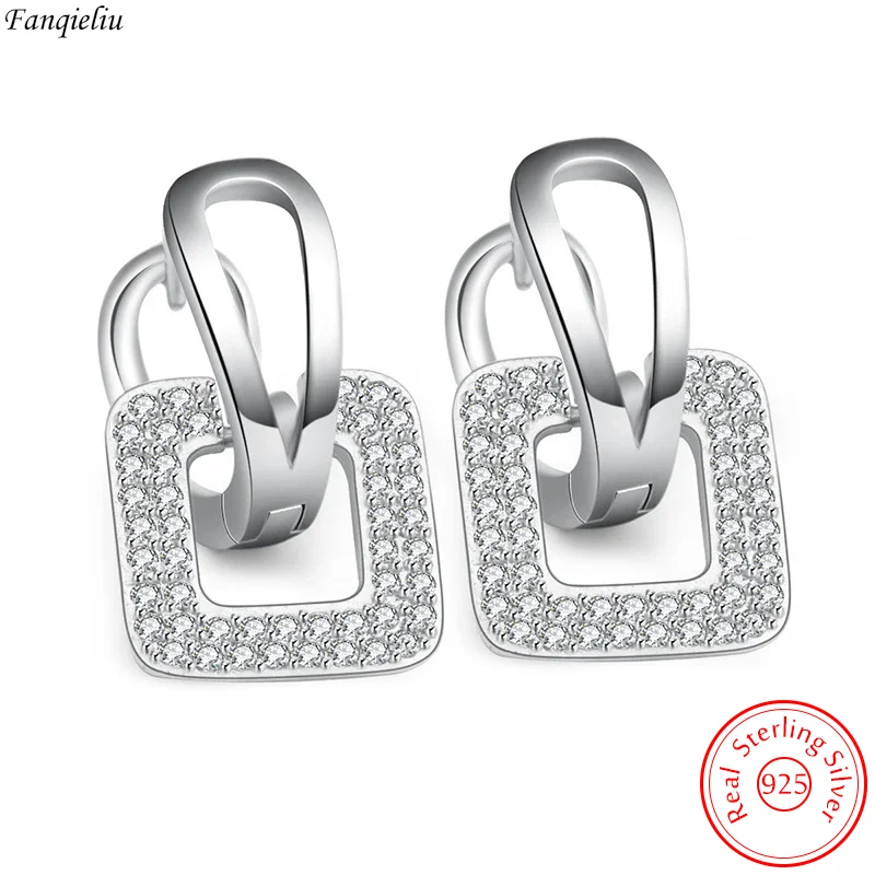 Fanqieliu High Quality New Jewelry 925 Sterling Silver Crystal Square Hoop Earrings For Women Fashion FQL20379