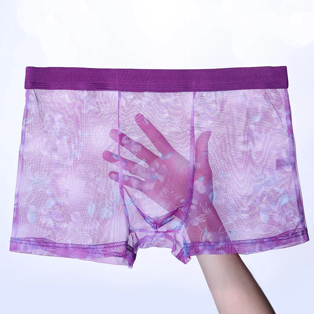 Sexy Heren Doorschijnende Dunne Boxers Mesh Bloemenprint Groot Formaat Ondergoed Ademende Transparante Slips Snel Droog Koele Zachte Lingerie