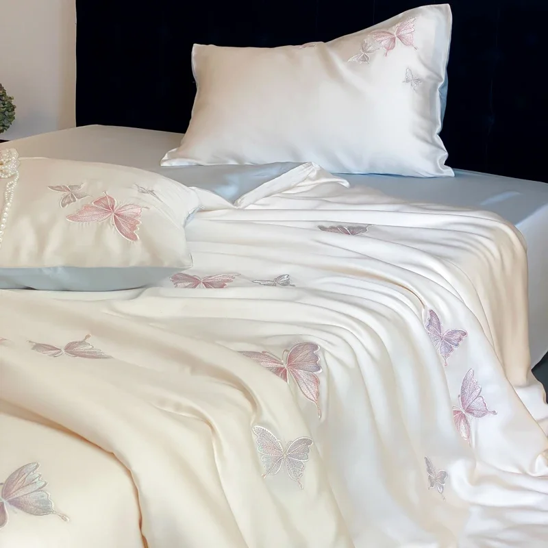 600TC Lyocell Soft Silky Cooling Bedding Set Colorful Butterfly Embroidery Duvet Cover Flat/Fitted Bed Sheet Pillowcases 4Pcs