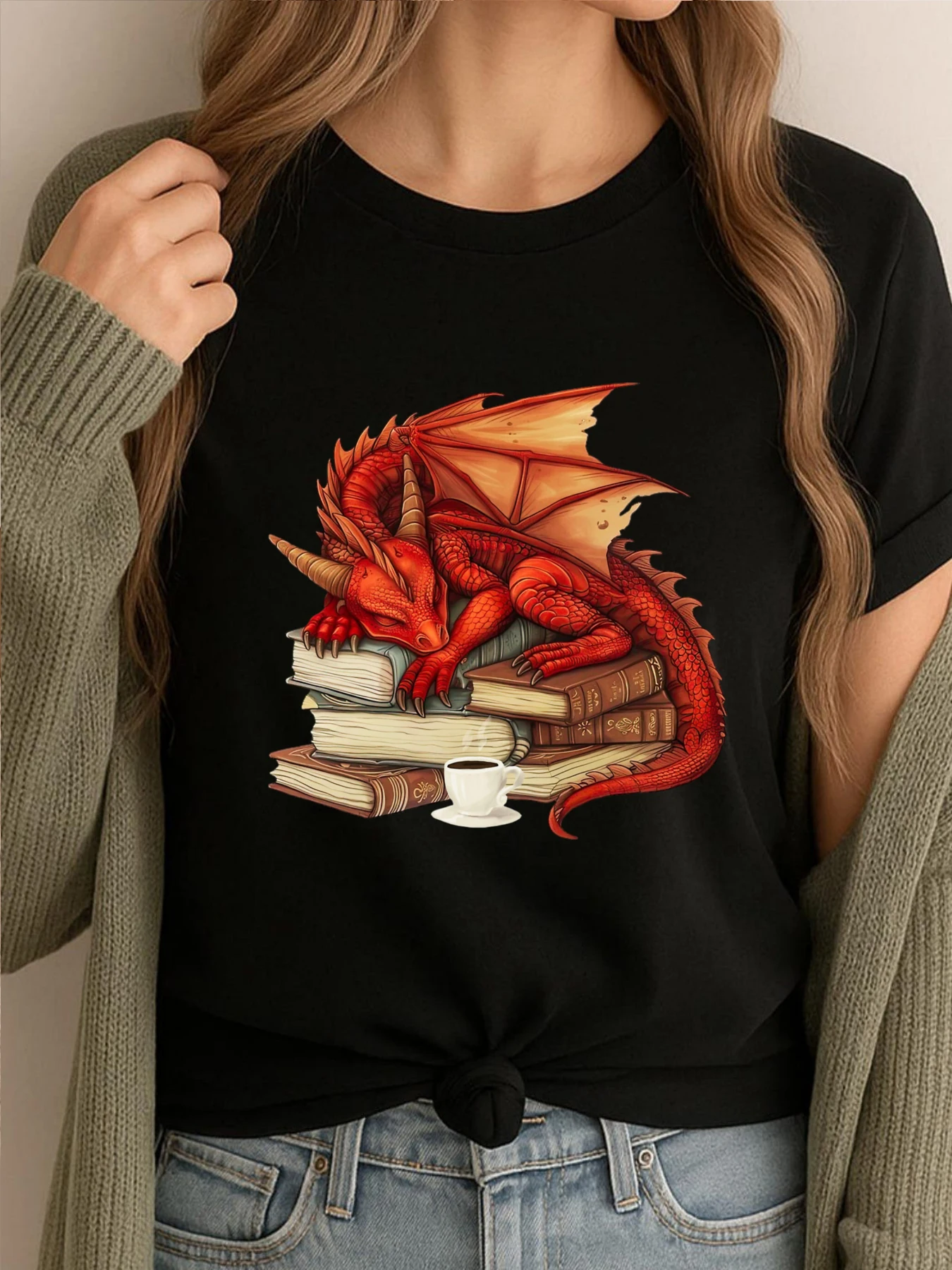 

Red Dragon And Books Hiphop Streetwear T Shirt Homme Tee Shirt Graphic Tees Mens Oversized Printed Clothes