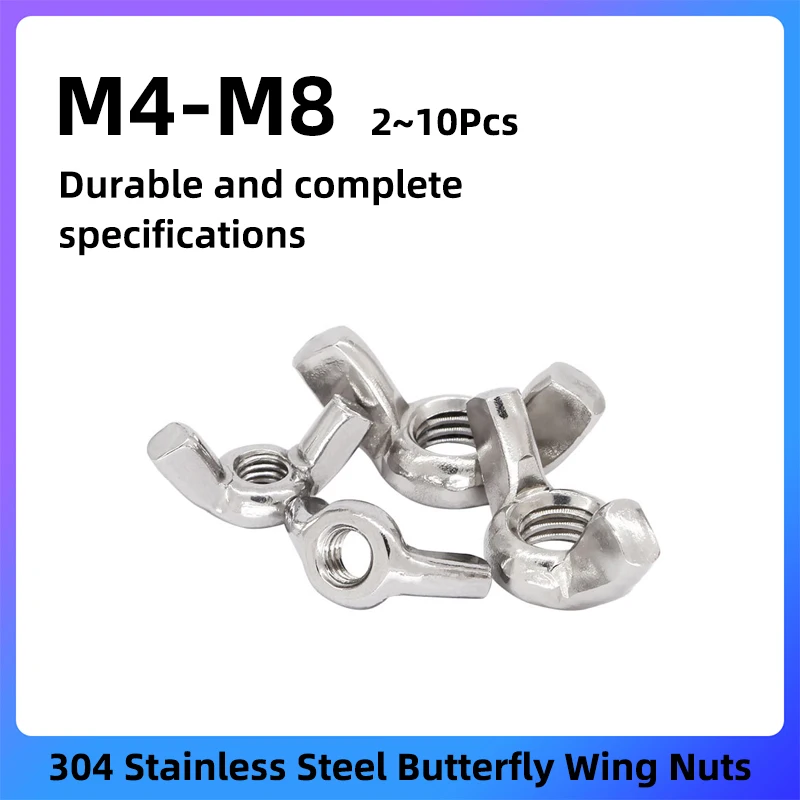 2~10Pcs Wing Nuts M4 M5 M6 M8 304 Stainless Steel Butterfly Nut, Hand Twist Tighten Hardware Nuts Butterfly Assorted