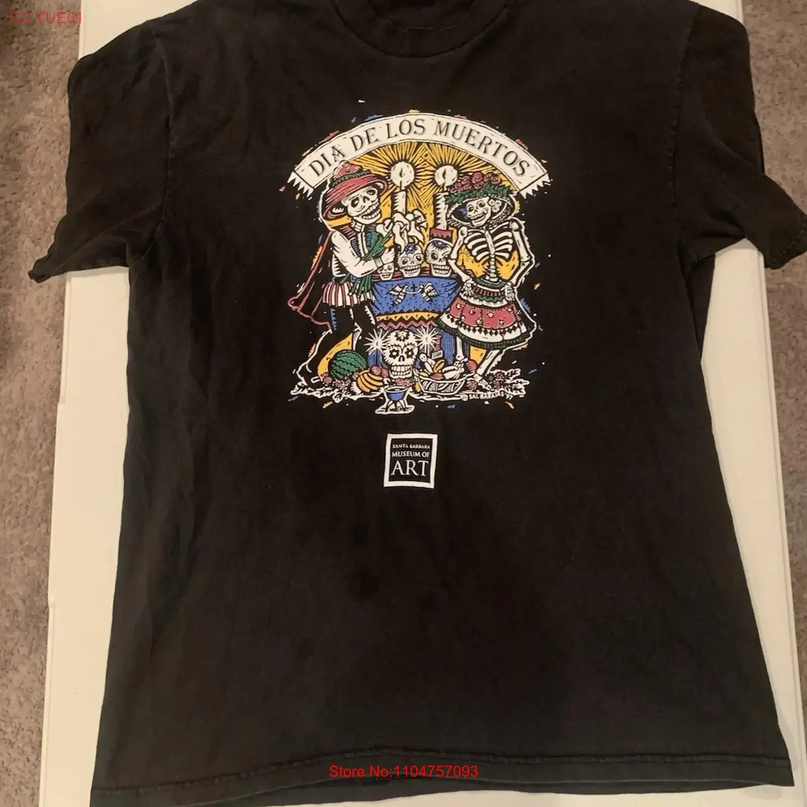 Camiseta vintage del Día de los Muertos de 1997, Museo de Arte de Santa Bárbara, estilo robusto, lavado vintage, ligeramente suave y elástico
