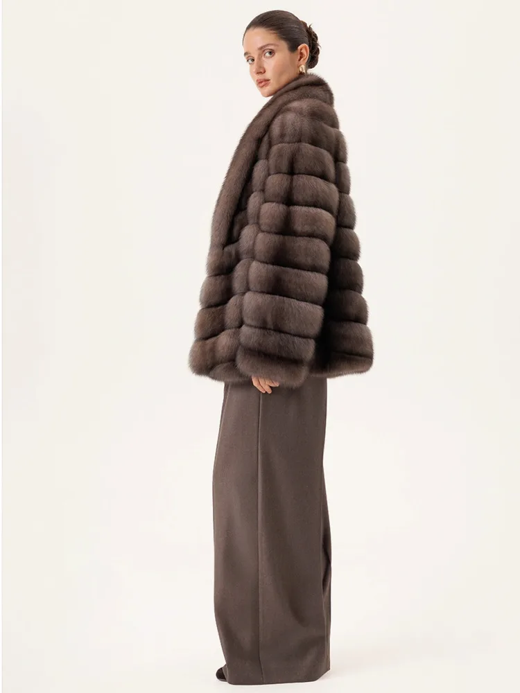 DFDG شتاء 2025 المرأة معطف فرو المنك الخزامى وشاح قصير طوق الشق التلبيب سترة فاخرة مصمم فو الفراء معطف خارجي #5