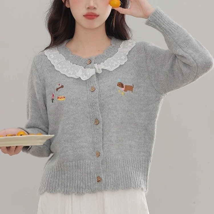 

korean lace edge embroidered sweater short cardigan women's autumn winter youth women sweaters gray sweet retro knitted jacket