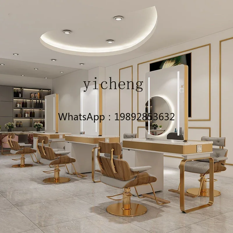 H3-24 Barber Shop Mirror With Makeup Mirror Table Luminous Stainless Steel Marb…