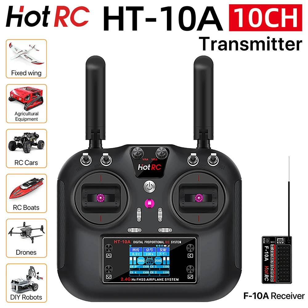 Transmisor HOTRC HT-10A RC 10CH 2,4G pantalla de 1,7 pulgadas con receptor de F-10A para aviones modelo RC barcos coche Drones Robots DIY