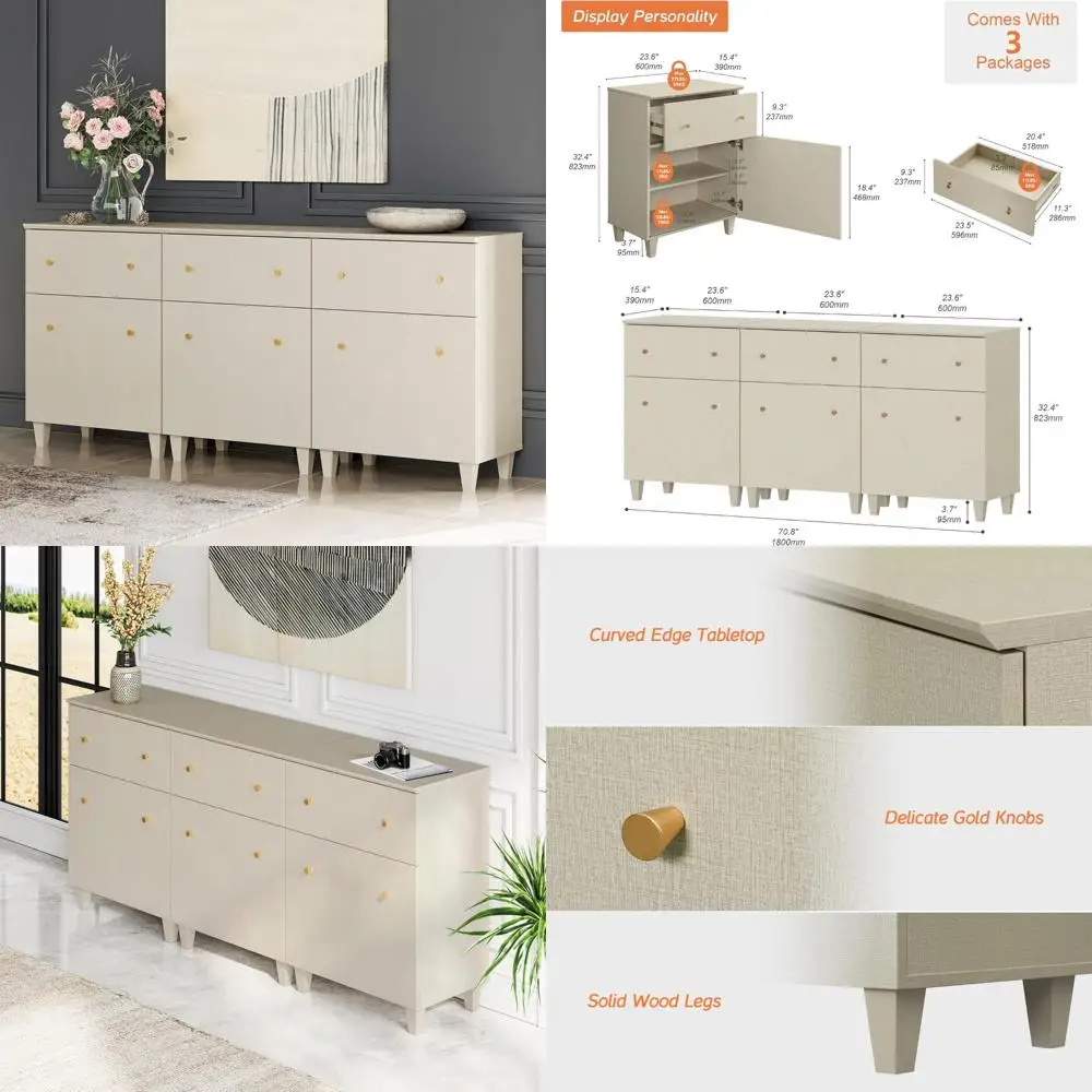 

Triple Set Storage Cabinets, 70.8 Inches Kitchen Sideboards with Drawers and Doors, Contemporary Beige Coffee Bar Cabinets with