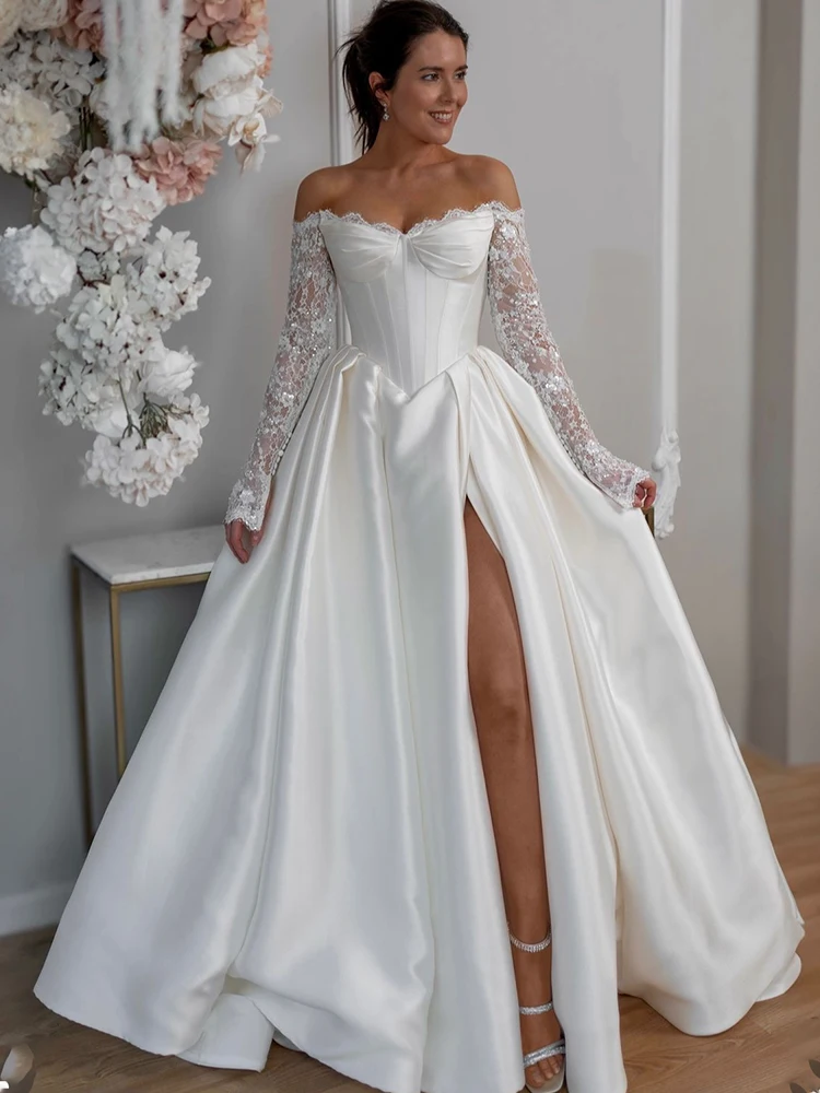 Romantic Slit A Line Wedding Dress Lace With Satin Taffeta Ball Gown Boat Neck Full Sleeve Bridedress  Customized Robe De Mariee