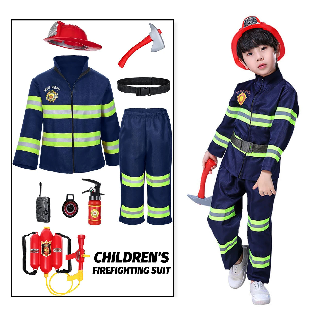 

Kid's Fireman Firefighter Costume Toys with Complete Accessories for Boys and Girls Birthday Halloween Party Dress Up Navy Blue
