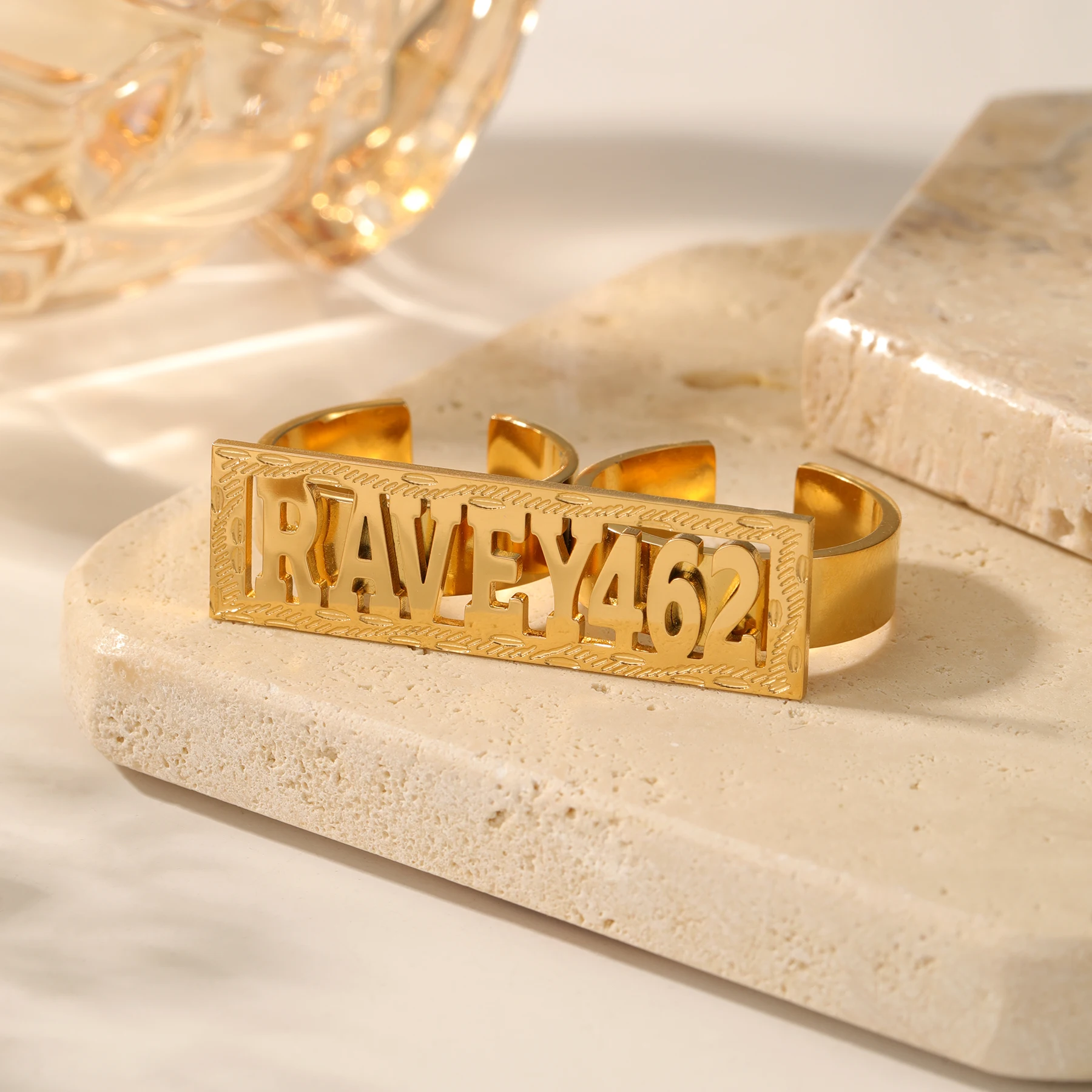 Zciti Custom Name Ring Personalized Wide Band 18K Gold Plated Stainless Steel Engraved Plate Men Women Punk Jewelry Specail Gift