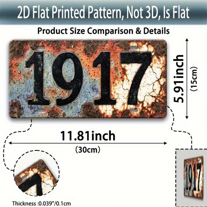 2D Flat, 2D Flat - [2D Flat] Vintage 1917 Aluminum Metal License Plate Sign - 11.8x5.9inch Rustic Wall Art with Distressed Fi