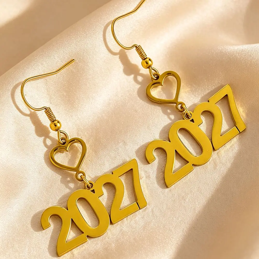 Rhinestone 2027 Digital Earrings Stainless Steel Number Happy New Year Earrings Metal Elegant Gold Stud Earrings Trendy Jewelry
