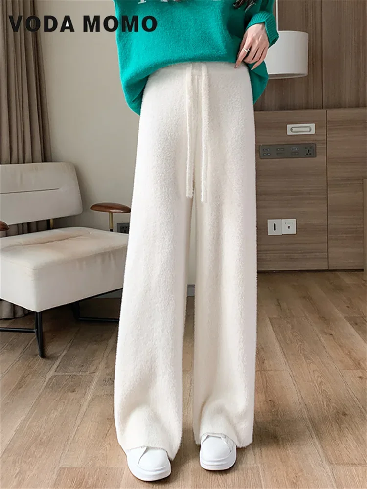 

Autumn Winter Loose Drape Casual Knitted Thickened Trousers Solid Mink Velvet Wide-Leg Pants Women Harajuku Fashion Versatile