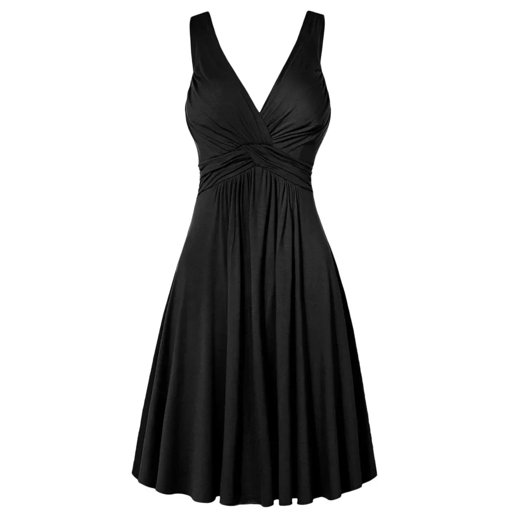 

2024 Elegant Vintage Wedding Party Midi Dress Women's Sexy Sleeveless V-neck High Waist Black Dresses Chic Evening Party Dresses