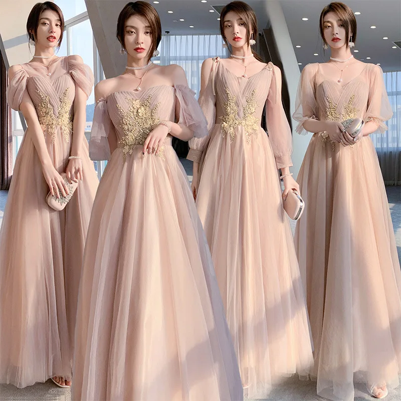 

Women's Long Champagne Powder Bridesmaid Dress New Summer Short Sleeve Slim Sisters Group Birthday Banquet Evening Dress