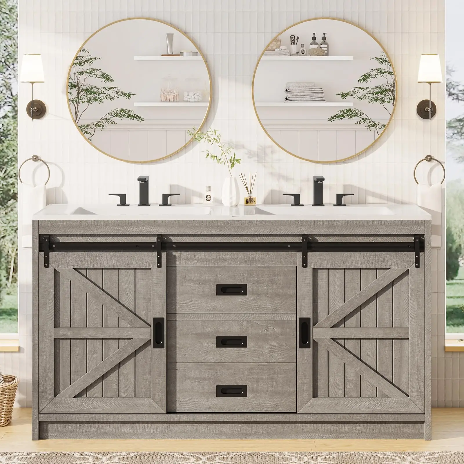 /New 2025 Special Double Vanity Bathroom Rustic Wooden Vanity Wash Basin Bathroom Cabinets Furniture with Sinks