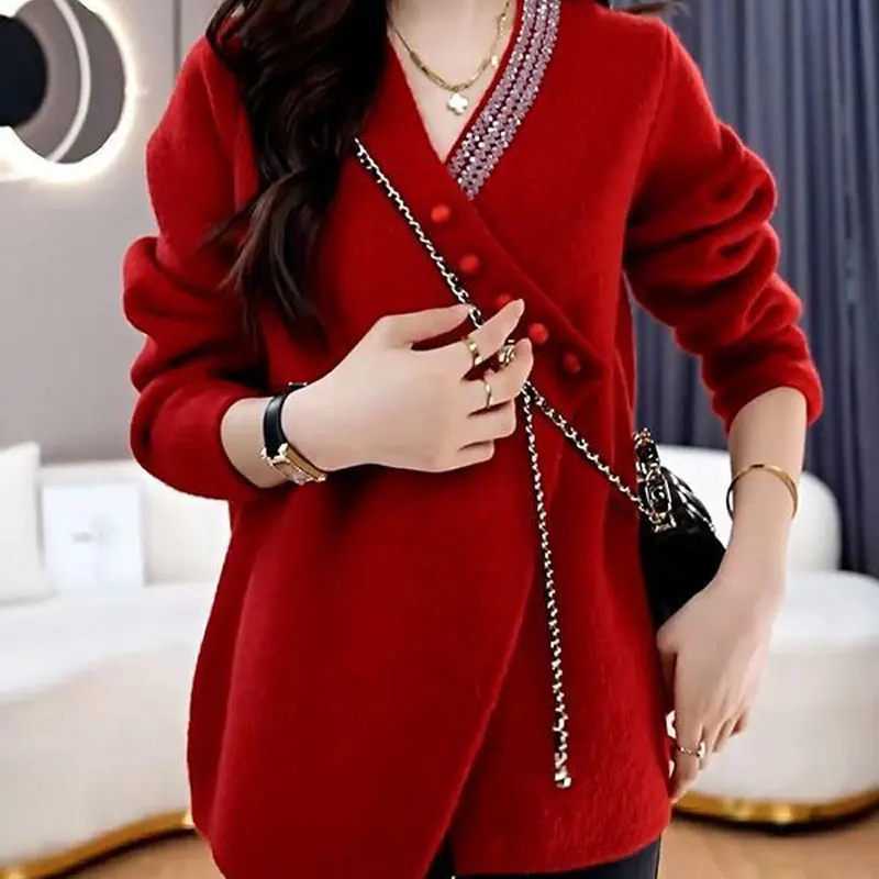 Fashion Sequined Button Jumpers Women\'s Clothing Casual Loose Asymmetrical Autumn Winter Elegant V-Neck Korean Knitted Sweaters