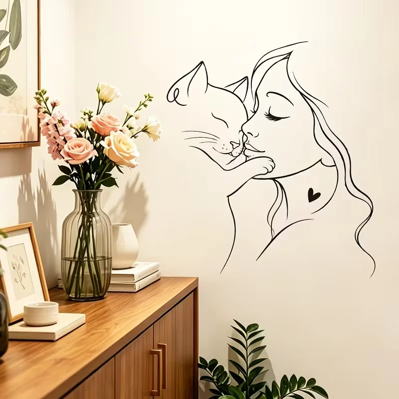 1pc Artistic Minimalist Line Wall Sticker, Female Embracing Cat Sticker, Suitable for Living Room, Bedroom And Study. Waterproof
