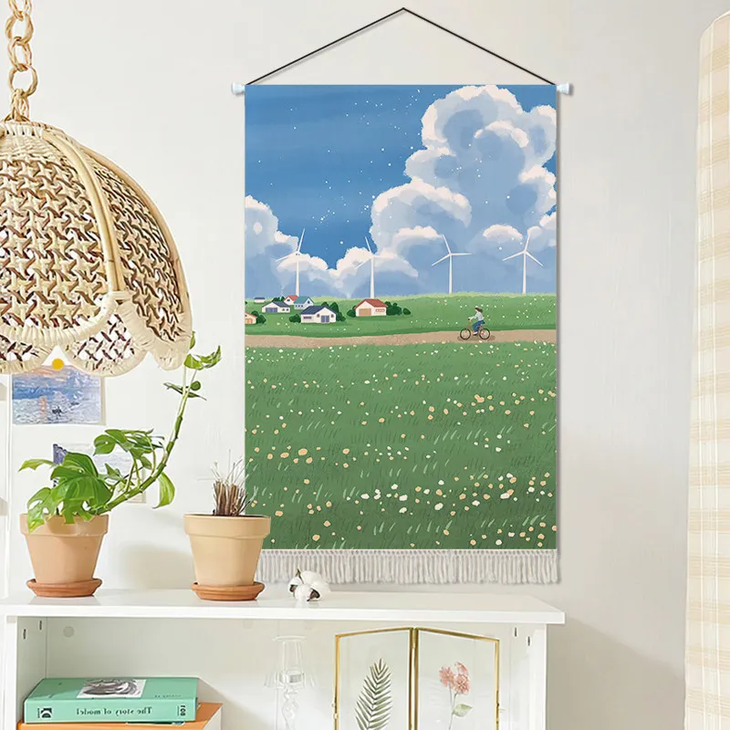 Japan Anime Style Tapestry Wall Hanging- Green Meadow Landscape Art Aesthetic Room Decor for Living