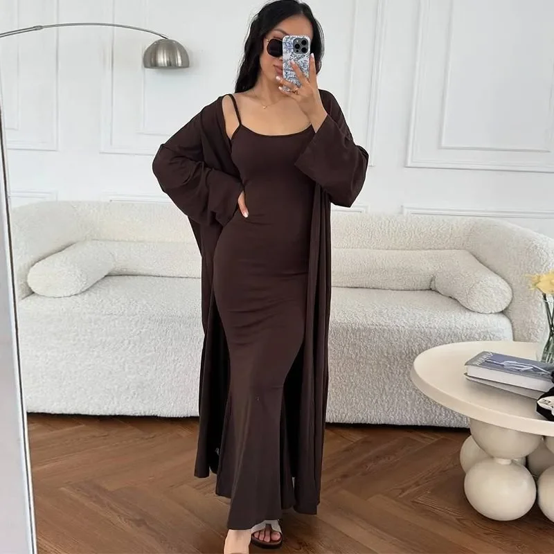 

Autumn Full Sleeve Mid Length Coats Long Dresses Two Piece Dress Sets Women High Waist Y2k Streetwear Elegant Casual Dress Set