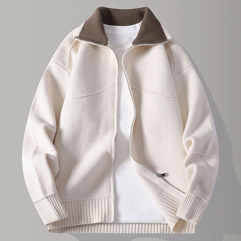Autumn Winter Men's Sweater Zipper Cardigans Fashion Patchwork Turn Down Collar Casual Knitted Sweatercoat Men Warm Knit Jackets