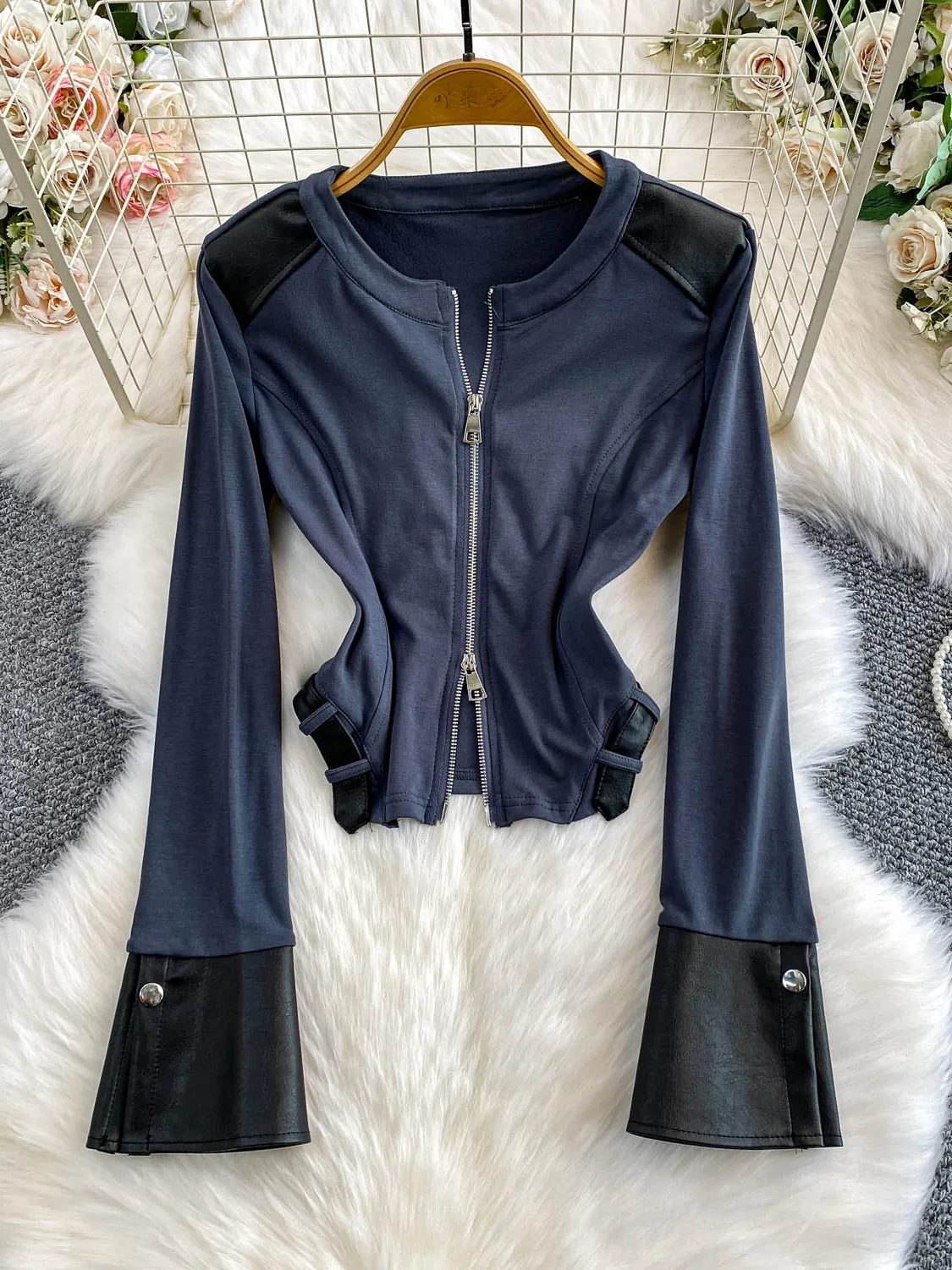 

American Sle Casual Long Sve PU Leather Jaet Women's New Design Zipper round Ne Slimming Top Faionable Streetwear