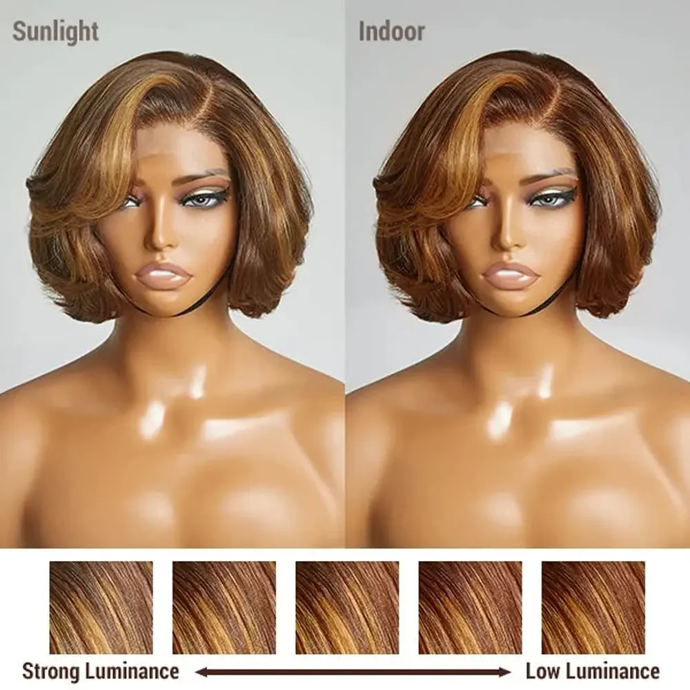 4/27 Highlight Ombre 4x4 Body Wave Human Hair Lace Front Bob Wigs Brown Mix Blonde C Part Water Wave Closure Wig 250% For Women