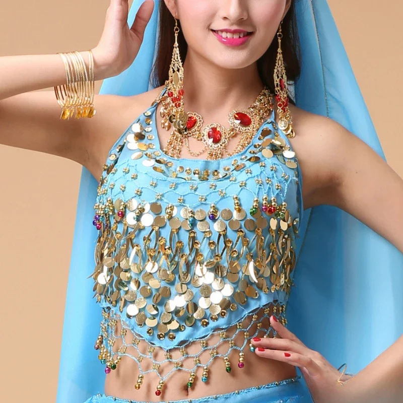 Women's Sequins Belly Dance Bra Top Tassel Triangle Towel Show Party Halter Crop Tops Music Festival Club Stage Dance Costumes