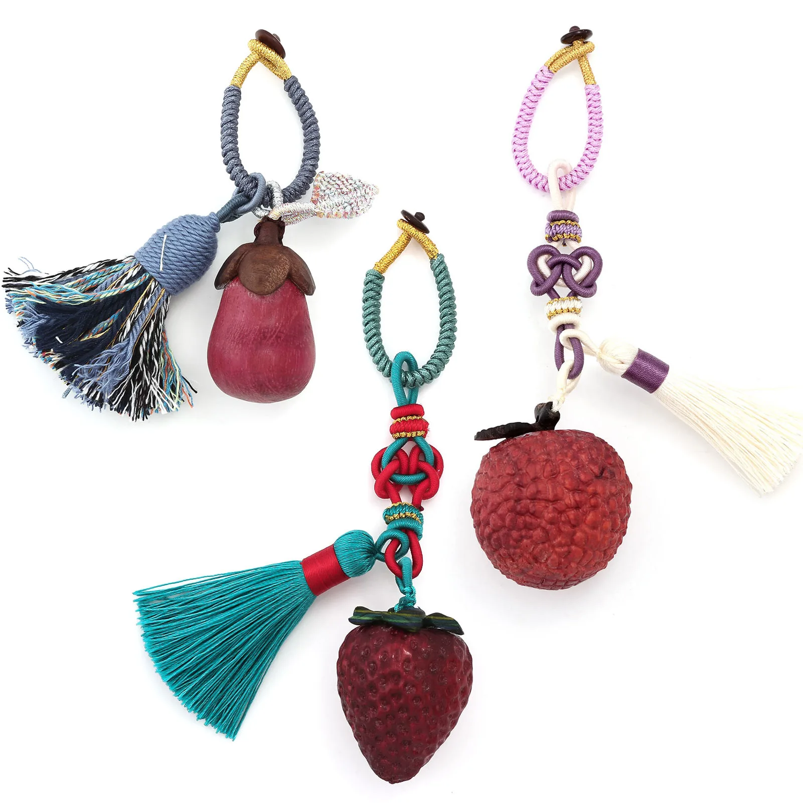 Handmade Wooden Imitation Fruit Keychain Woven Chinese Knot Rosewood Eggplant Lychee Strawberry Backpack Pendant Accessory Gift
