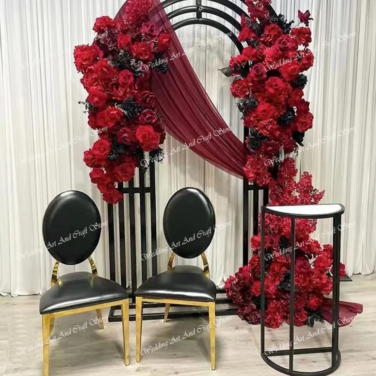 wedding decoration event backdrop with flowers arch ,black wedding chair bride and groom plinth stand  for wedding used