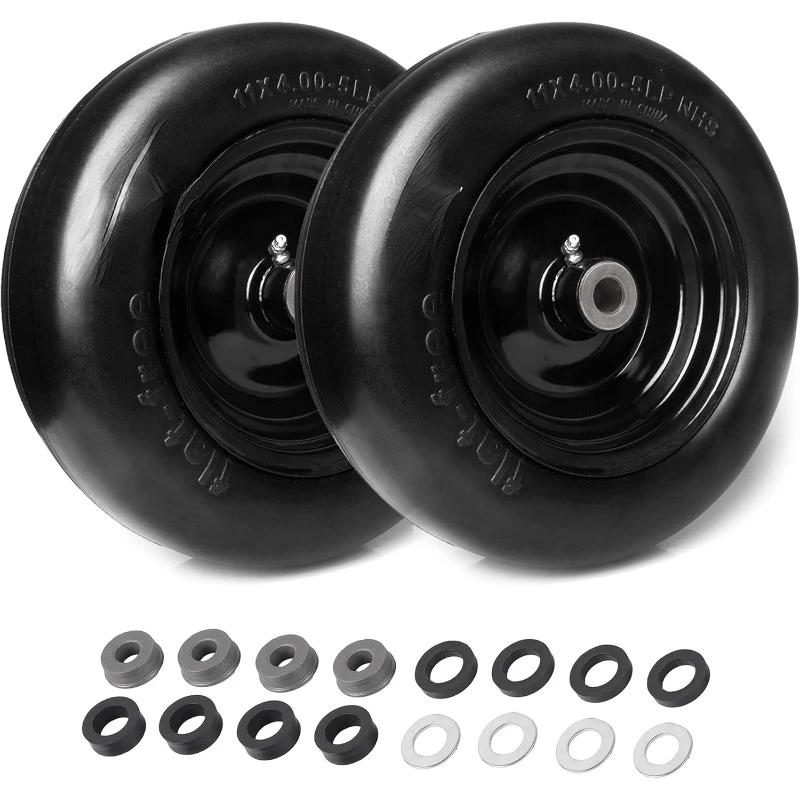 

(2 Pack) Universal Fit 11x4.00-5 Flat Free Lawn Mower Tires and Wheel - Solid Rubber Lawnmower Tires with 3.4" Centered Hub