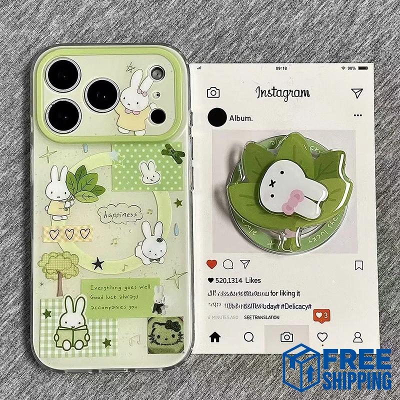 

Kawaii Miffy Phone Shell Suitable for Iphone 17 16 15 14 Cartoon Leaf Rabbit Magnetic Holder Anti Drop Phone Case Perfect Gifts
