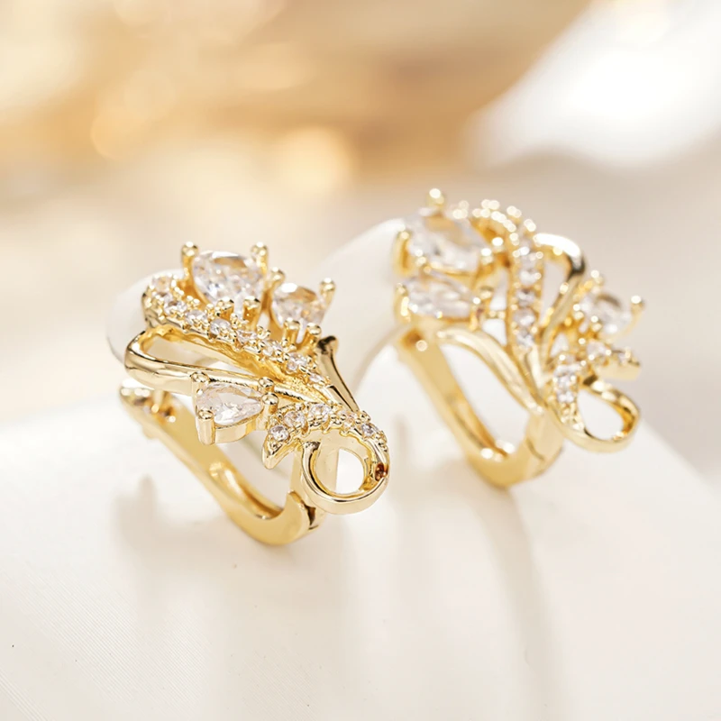 Huitan Gold Color Flower U Hoop Earrings for Women Aesthetic Luxury Wedding Earrings Sparkling Cubic Zirconia New Trendy Jewelry