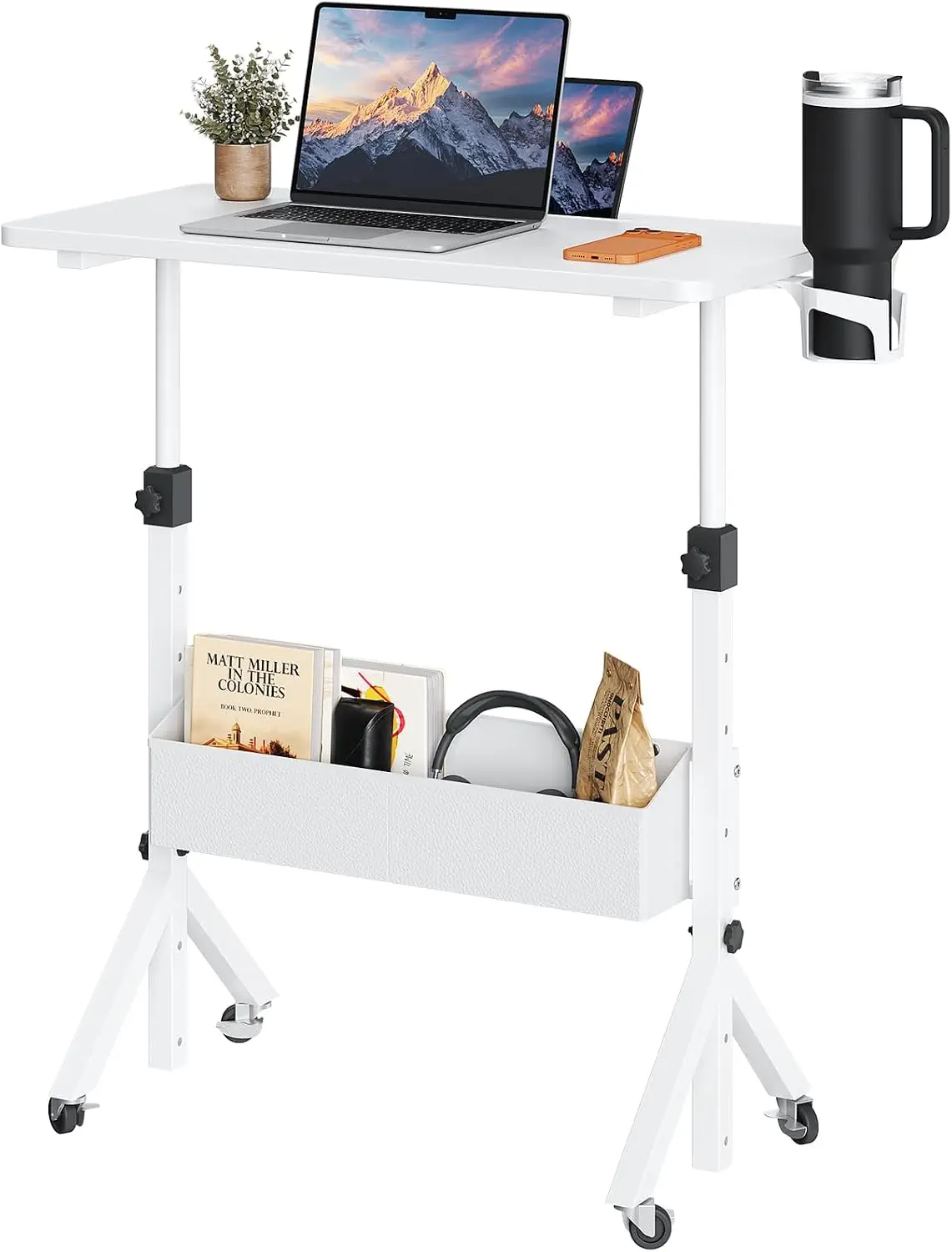 Mobile Standing Desk with Wheels, Adjustable Height 28.3″–46.3″, Rolling Laptop Cart with Cup Holder, Storage Basket & Pen Slot, Fits Treadmills