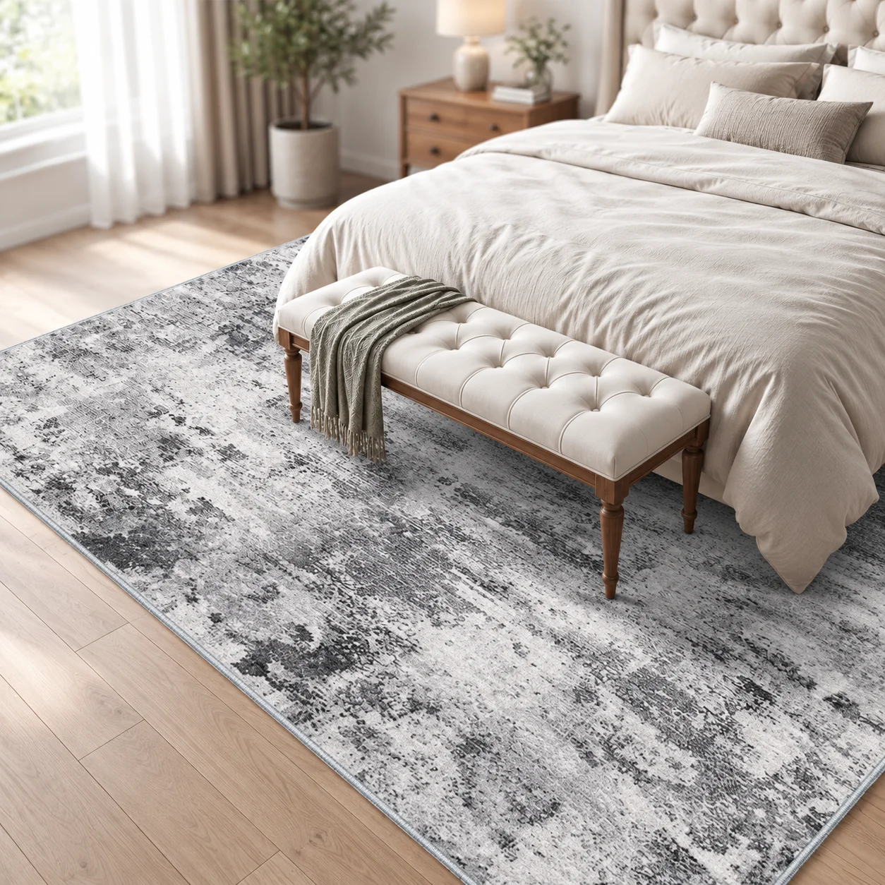 7x7ft Square Washable Area Rug, Abstract Black Grey Pattern, Non Slip Steel Plate Dot Backing, Low Pile Polyester Floor Mat, Stain Resistant, Noise Reducing, Fits Bedroom Kitchen Entry High Traffic Spaces