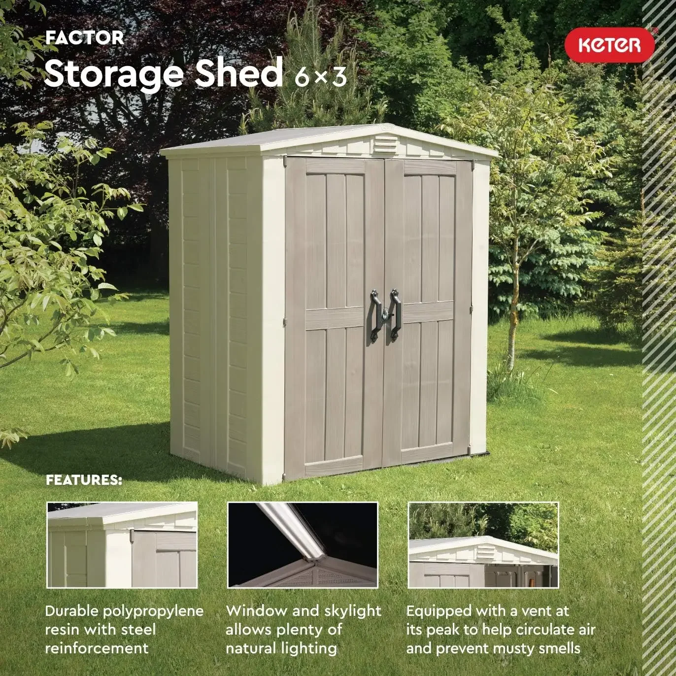 Keter Factor-Outdoor Storage Shed Kit, perfeito para armazenar móveis do pátio, ferramentas de jardim, acessórios para bicicletas, cadeiras de praia e Push L