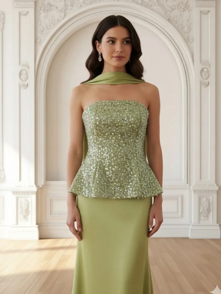 Ofherown Strapless Sequin Peplum Top Matching Scarf Satin Mermaid Long Skirt Three Piece Evening Dress Formal Banquet Prom Gown