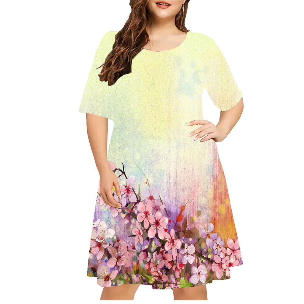 Letnie Tie Dye sukienka w kwiaty kobiet kwiatowy nadruk 3D sukienka z krótkim rękawem luźna Plus Size damska casualowa sukienka z okrągłym dekoltem