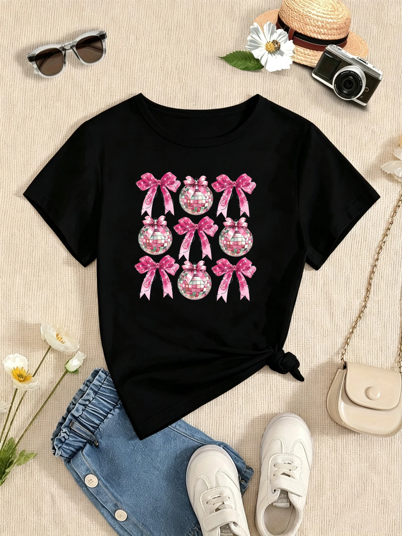 New Year Bow Planet Printed T Shirt Girls New Year'S Gift T-Shirt Funny Kids Clothes White/Black/Blue/Purple T-Shirt