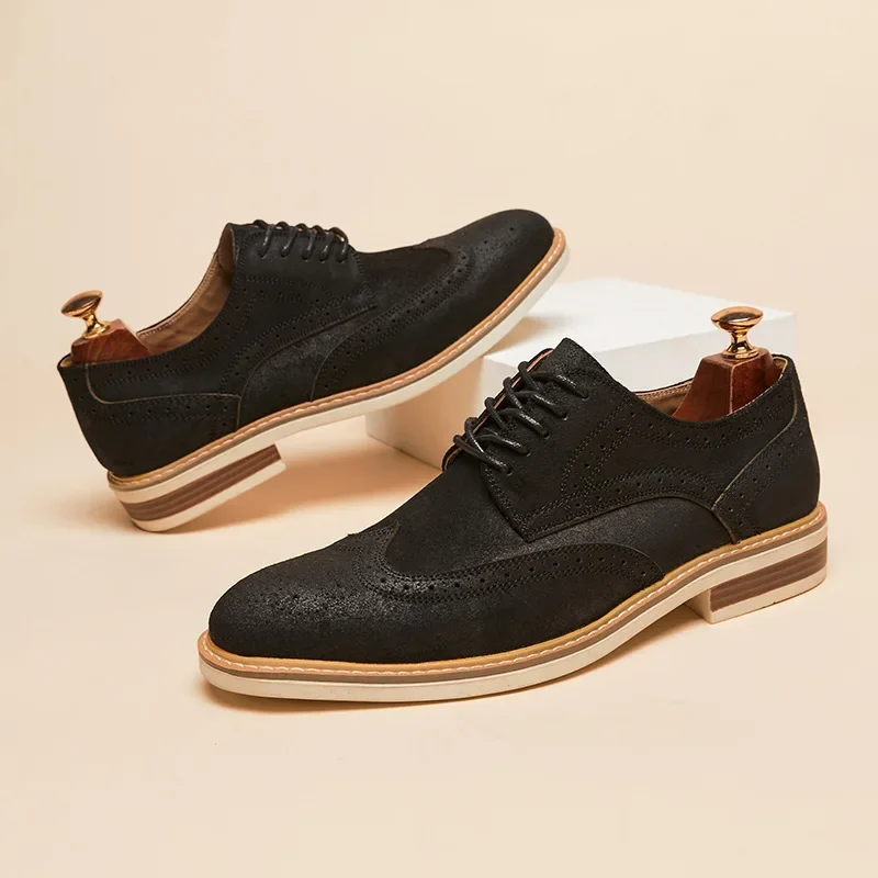 

Man Derby Shoes Genuine Split Suede Leather Full Brogue Long Wing Dress Business Men Casual Comfortable Wedding Party Suits