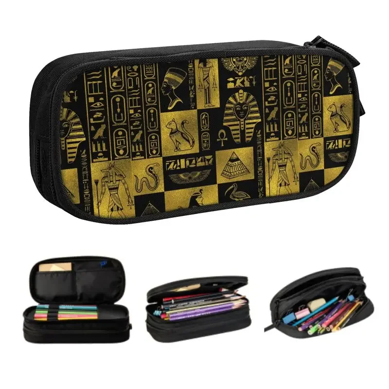 

Custom Retro Egyptian Gold Hieroglyphs Collage Kawaii Pencil Cases Large Capacity Egypt Hieroglyphic Pencil Box School