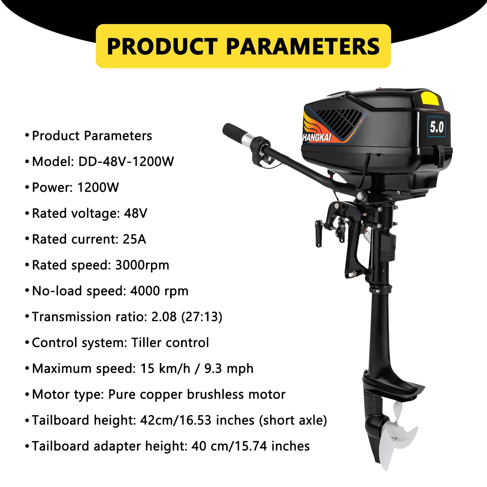 Electric Trolling Motor, 1200W 48V 5.0HP, Brushless DC Outboard Engine, Short Shaft, for Small Inflatable Fishing Boat Kayak