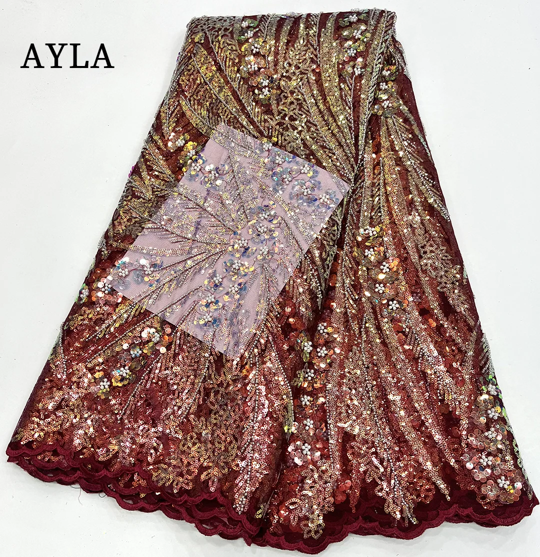 

African Lace Fabric 2023 High Quality Nigerian Sequins Lace French Beaded Fabric Pearl Embroidery Tulle Mesh Lace for Wedding