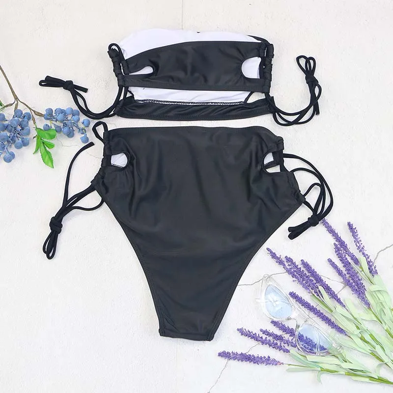 2023 new summer ladies bikini sexy and charming solid color drawstring swimsuit beach party mature beauty purple three-point