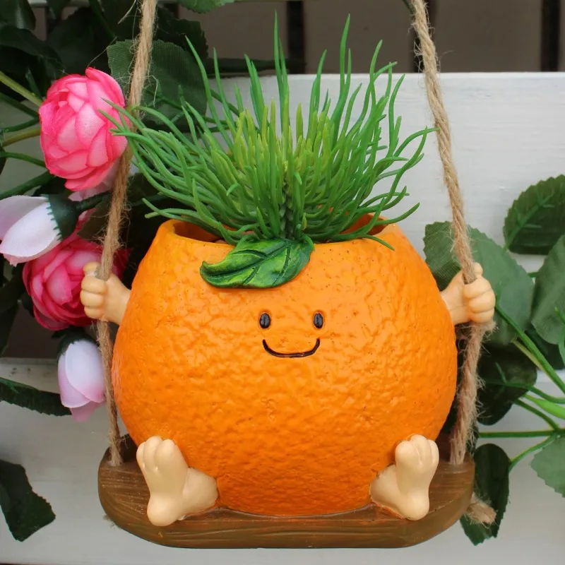 Smiling Orange Basket Flower Pot, Swinging Orange Elf Planter, Creative Home Decor Flower Pot